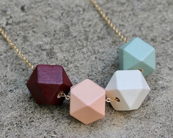 Geometric Wood Necklace // Burgundy Peach Mint Wooden Bead Necklace // Hand Painted // Hedron Necklace Everyday // Statement Necklace / Gift