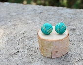 Fabric Button Earrings Emerald and Gold Teal Earrings Fabric Studs Covered Buttons Abstract Geometric Earrings