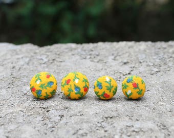 Fabric Button Earrings // Floral Mustard // Vintage Earrings // Fabric Studs // Covered Buttons // Red Blue Flower Earrings // Retro Studs
