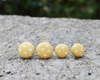 Fabric Button Earrings // Mustard Hearts // Vintage Earrings // Fabric Studs // Covered Buttons // Geometric Earrings // Retro Yellow