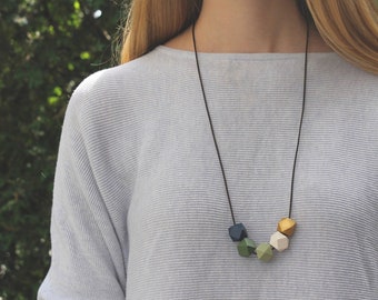 Geometric Wood Necklace // Hand Painted Wooden Faceted // Hedron Necklace - Olive, Gold, Navy // Chunky Bead Necklace // Statement Necklace