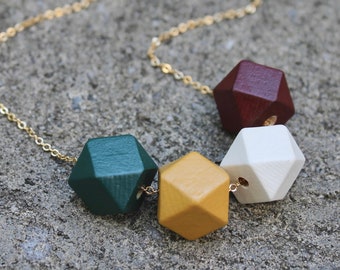 Geometric Wood Necklace / Burgundy Evergreen Mustard Wooden Bead Necklace / Hexagon Necklace Everyday / Chunky Fall Statement Necklace /Gift