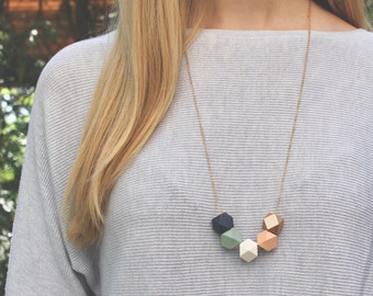 Geometric Wood Necklace / Navy Peach Mint Rose Gold Wooden Bead Necklace / Hexagon Everyday Necklace / Chunky Statement Necklace / Gift