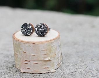 Wood Circle Earrings // Geometric Black Sparkle Studs // Galaxy Wood Earrings // Circle Earrings // Glitter Studs // Minimal Wood Studs