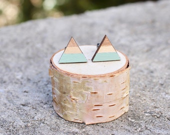 Triangle Wood Earrings // Mint Rose Gold Geometric Earrings // Striped Earrings // Color Block Earrings / Hand Painted Studs / Minimal