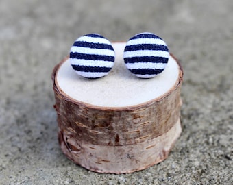 Striped Fabric Button Earrings // Navy and White // Nautical Earrings // Vintage Earrings // Covered Buttons // Fabric Studs // Blue