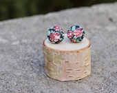 Fabric Button Earrings Red Rose Black Vintage Studs Retro Earrings Covered Buttons Studs Tiny Flower Colorful Earrings