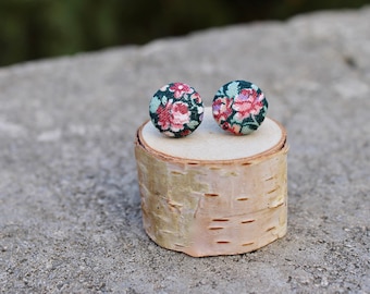 Fabric Button Earrings // Red Rose Black // Vintage Studs // Retro Earrings // Covered Buttons // Studs // Tiny Flower Colorful Earrings