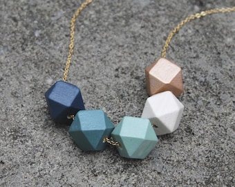 Geometric Wood Necklace / Navy Teal Rose Gold Wooden Bead Necklace / Hexagon Everyday Necklace / Chunky Fall Statement Necklace / Gift