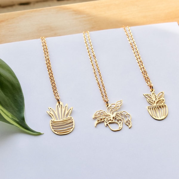 Plant Lady Necklace // Tropical Plant Necklaces // Gold Snake Plant, Rubber Tree, Calathea Plant Necklace // Plant Mom Gift // Layering