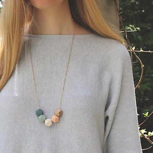Geometric Wood Necklace / Thistle, Peach, Rose Gold Wooden Bead Necklace / Hexagon Everyday Necklace / Chunky Spring Statement Necklace