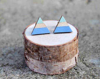Triangle Wood Earrings // Blue Mint Geometric Earrings // Striped Earrings // Color Block Earrings // Hand Painted Studs // Blue Studs