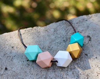 Geometric Wood Necklace // Mint Peach Gold Faceted Wooden Bead Necklace // Hand Painted// Hedron Necklace - Mint, Peach, White, Gold, Teal