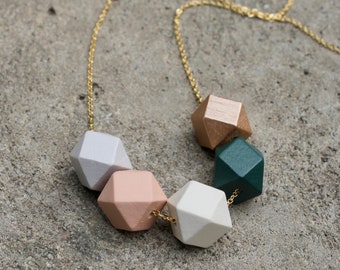 Geometric Wood Necklace / Blush + Evergreen Faceted Necklace / Statement Hedron Necklace / Blush - Green - Rose Gold / Hand Painted Necklace