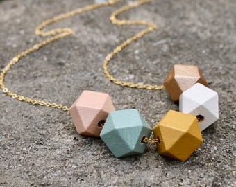 Geometric Wood Necklace / Peach, Mint, Rose Gold Wooden Bead Necklace / Hexagon Everyday Necklace / Chunky Spring Statement Necklace / Gift