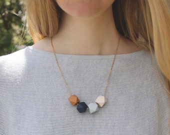 Geometric Wood Necklace / Navy, Blue, Camel Wooden Bead Necklace / Hexagon Necklace Everyday / Chunky Fall Statement Necklace / Gift