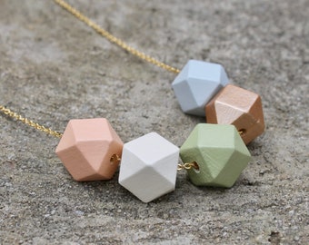 Geometric Wood Necklace // Peach Sage Rose Gold Faceted Wooden Bead Necklace // Hand Painted / Hedron Necklace Everyday / Statement Necklace