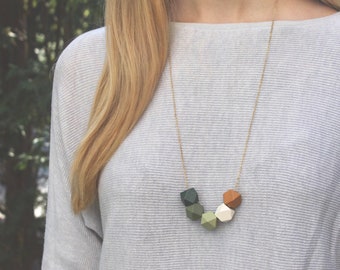 Geometric Wood Necklace / Evergreen Camel Gold Wooden Bead Necklace / Hexagon Everyday Necklace / Chunky Fall Statement Necklace / Gift