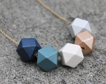 Geometric Wood Necklace / Navy Blue Rose Gold Wooden Bead Necklace / Hexagon Everyday Necklace / Chunky Fall Statement Necklace / Gift