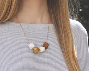 Geometric Wood Necklace // Camel White Gold Faceted Wooden Bead Necklace // Hand Painted // Hedron Necklace Everyday // Statement Necklace