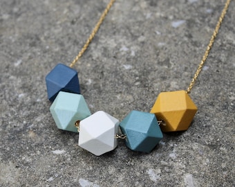 Geometric Wood Necklace / Navy, Mint, Mustard Wooden Bead Necklace / Hexagon Everyday Necklace / Chunky Spring Statement Necklace / Gift