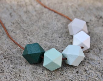 Geometric Wood Necklace // Ombre Mint Green Faceted Wooden Bead Necklace // Hand Painted// Hedron Necklace - Forest, Sage, Mint, White