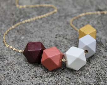 Geometric Wood Necklace / Burgundy Rust Gold Wooden Bead Necklace / Hexagon Everyday Necklace / Chunky Fall Statement Necklace / Gift