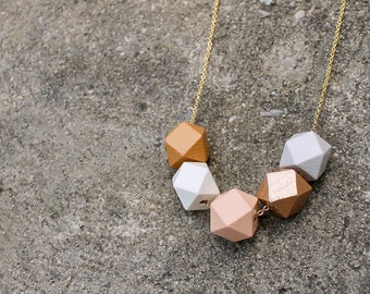 Geometric Wood Bead Necklace / Camel, Peach, Rose Gold Wooden Necklace / Hexagon Everyday Necklace / Chunky Spring Statement Necklace / Gift