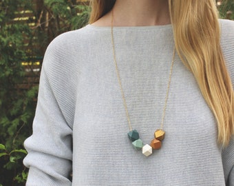 Geometric Wood Bead Necklace / Blue, Mint, Camel, Gold Wooden Necklace / Hexagon Everyday Necklace / Chunky Spring Statement Necklace / Gift