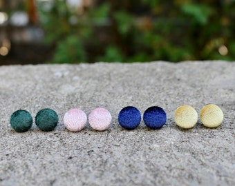 Velvet Fabric Button Earrings // Vintage Studs // Retro Earrings // Covered Buttons // Fall Studs / Blush, Navy, Mustard, Evergreen Earrings