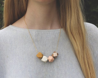 Geometric Wood Bead Necklace / Mustard, Peach, Rose Gold Wooden Necklace / Hexagon Necklace / Chunky Spring Statement Necklace / Gift
