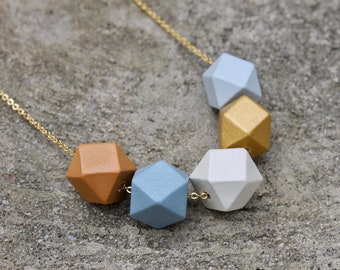 Geometric Wood Necklace // Slate Camel Gold Faceted Wooden Bead Necklace // Hand Painted // Hedron Necklace Everyday // Statement Necklace