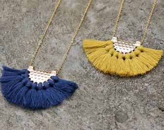 Tassel Fan Necklace // Boho Necklace // Mustard Navy Necklace // Gold Tassel Necklace // Bohemian Jewelry / Long Fan Necklace / Gift for Her