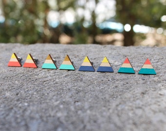 Wood Triangle Earrings // Bridesmaids Geometric Earrings // Bright Striped Earrings // Color Block Earrings // Hand Painted Studs // Minimal