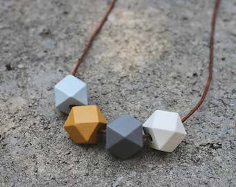 Geometric Wood Necklace // Mustard Grey Faceted Wooden Bead Necklace // Hand Painted// Hedron Necklace - Spring // Statement