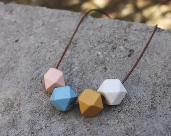 Geometric Wood Necklace // Mustard Peach Faceted Wooden Bead Necklace // Hand Painted// Hedron Necklace - Spring // Statement