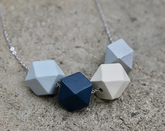 Geometric Wood Necklace // Navy Silver Faceted Necklace // Hedron Necklace // Lt. Blue - Navy - Silver // Hand Painted Necklace // Statement