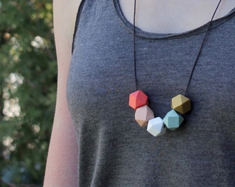 Peach + Mint Geometric Wood Necklace // Hand Painted Wood Bead Faceted Necklace // Hedron Necklace //  Coral - Peach - Mint - Gold