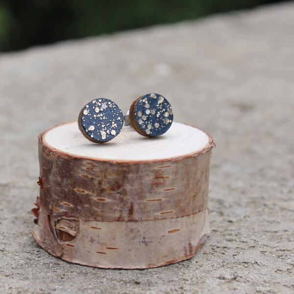 Navy Gold Sparkle Geometric Wood Earrings // Gold Earrings // Wood Earrings // Circle Earrings // Glitter Studs