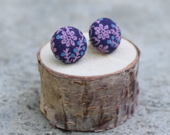 Floral Fabric Button Earrings // Navy and Violet // Blue Flower Studs // Covered Buttons // Fabric Studs