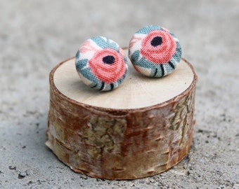 Floral Fabric Button Earrings // Rifle Paper Co Fabric // Peach + Sage Flower Fabric Studs // Vintage Studs // Covered Button Earrings