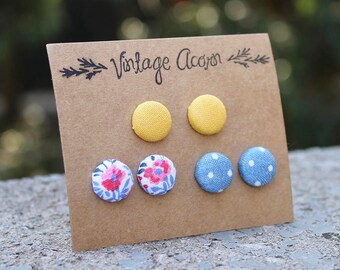 Fabric Button Earring Trio - Flower, Mustard, Chambray Polka Dot // Colourful Studs // Multi Pack Earrings // Covered Button Earrings