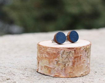 Navy Geometric Wood Earrings // Blue Earrings // Wood Earrings // Circle Earrings // Navy Studs