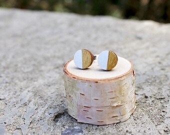 White Gold Geometric Wood Earrings // Half Gold Earrings // Wood Earrings // Circle Earrings // Color Block Studs // Hand Painted Earrings