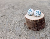 Fabric Button Earrings Teal Flower Vintage Earrings Floral Fabric Studs Covered Buttons Geometric Earrings