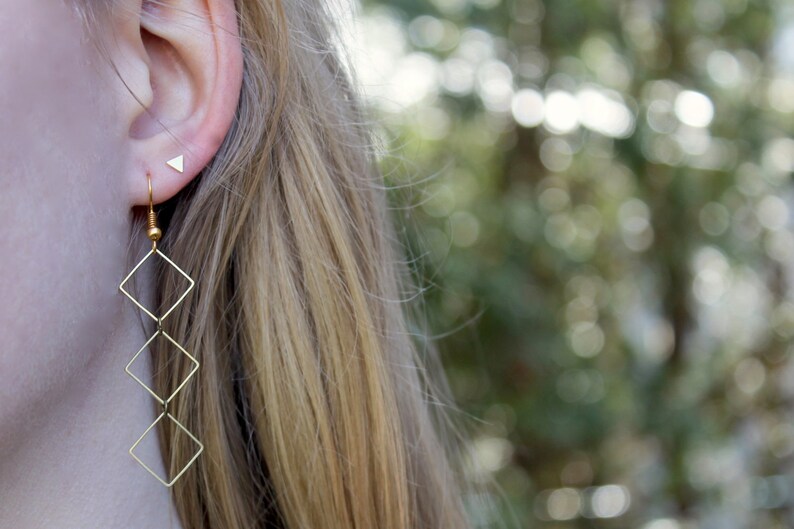 Geometric Earrings // Square Earrings // Minimal Jewellery // Brass Earrings // Long Earrings // Shape Earrings // Gift for Her // Simple image 2