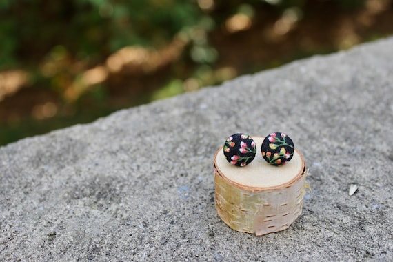 Fabric Button Earrings // Black Bouquet Floral Studs // Vintage