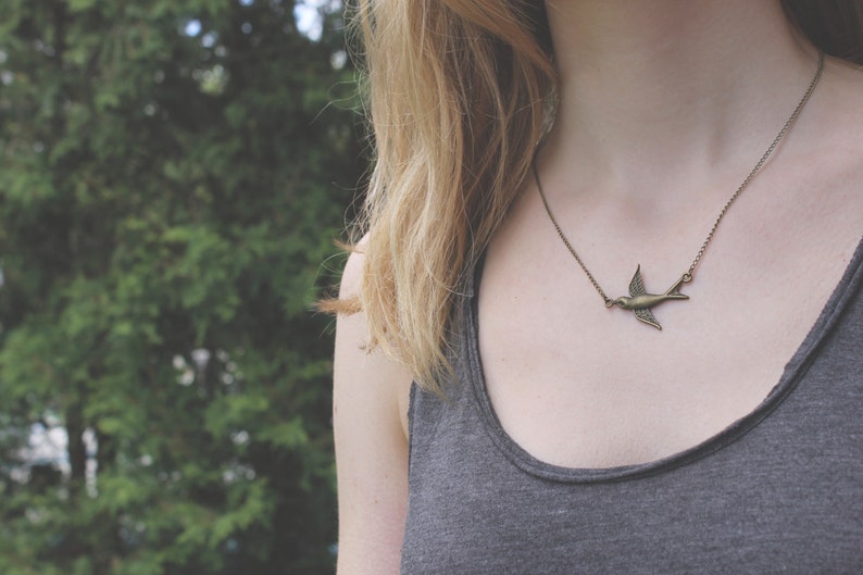 Swallow Necklace // Bird Necklace // Woodland Necklace // Flying Necklace // Antique Brass Necklace image 2