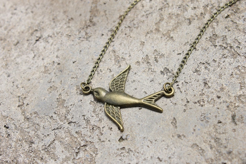 Swallow Necklace // Bird Necklace // Woodland Necklace // Flying Necklace // Antique Brass Necklace image 1