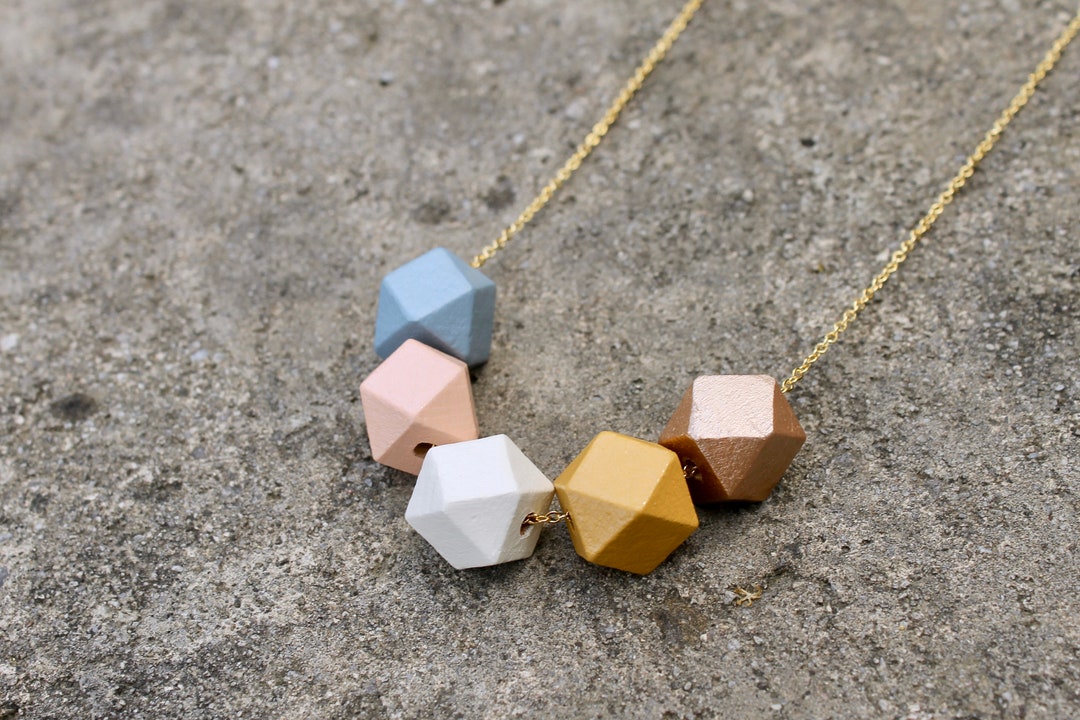 Geometric Wood Bead Necklace / Blue Peach Mustard Wooden Etsy